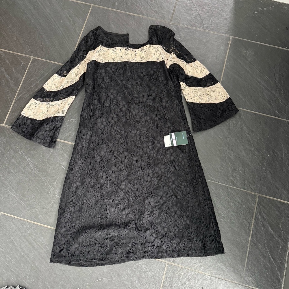 Gabby Skye Black and Cream Sheath Dress with Long Bell Sleeves for Cocktail
